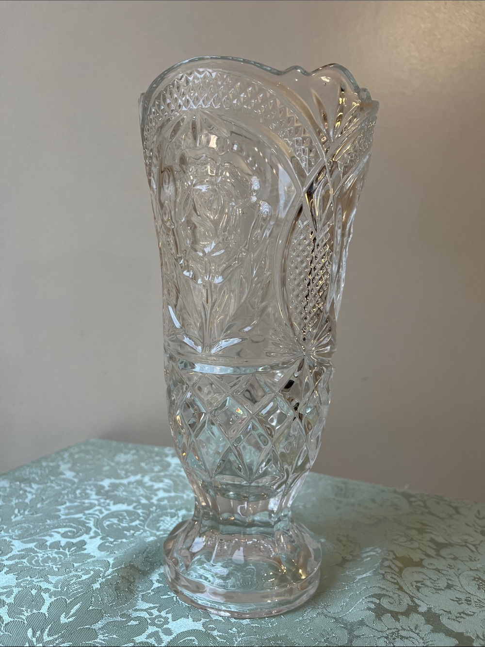 Vintage Flower Engraved Pressed Heavy Clear Glass Vase